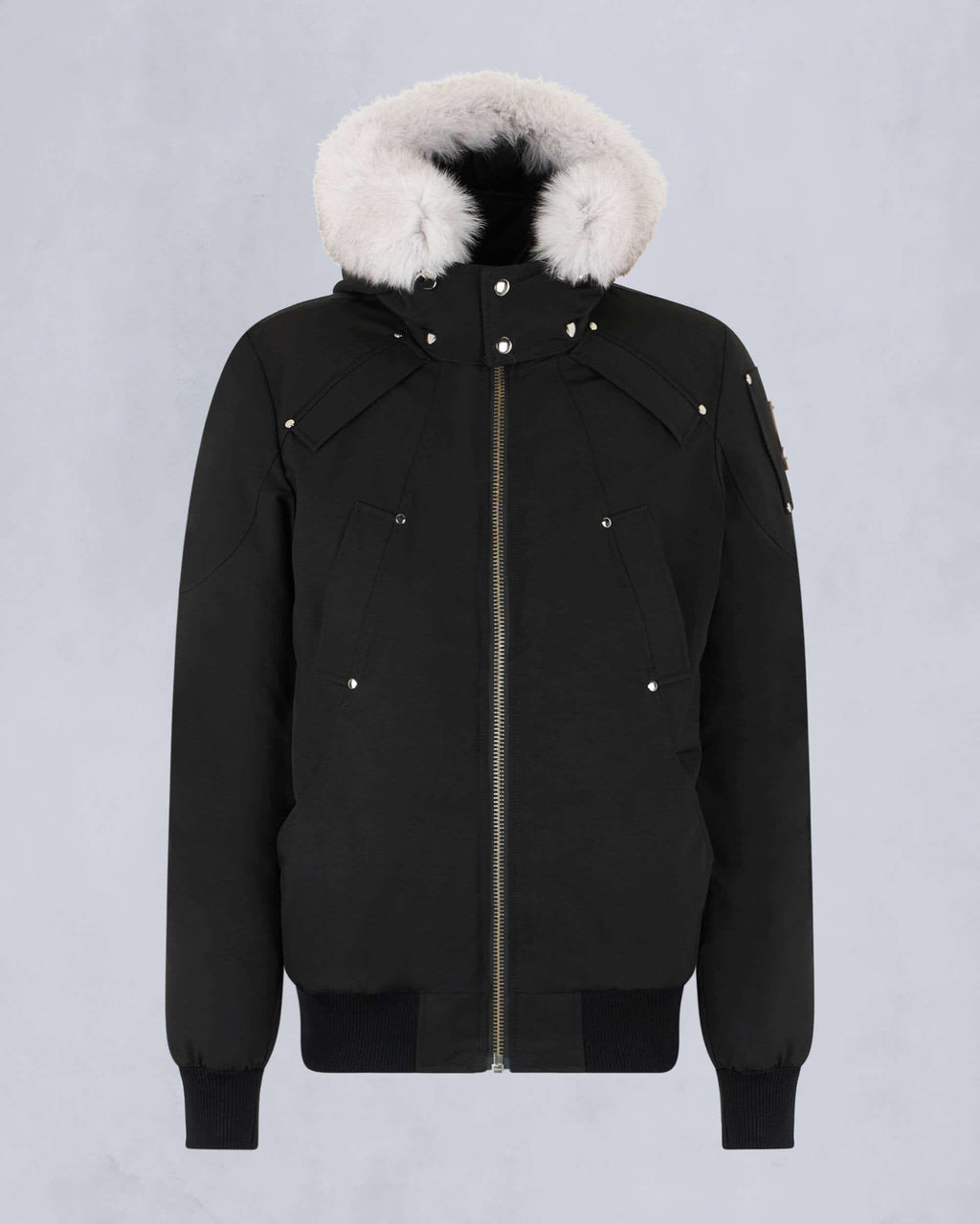 Moose Knuckles Black Stirling White Fur-Trim Hooded Bomber Down Jacket