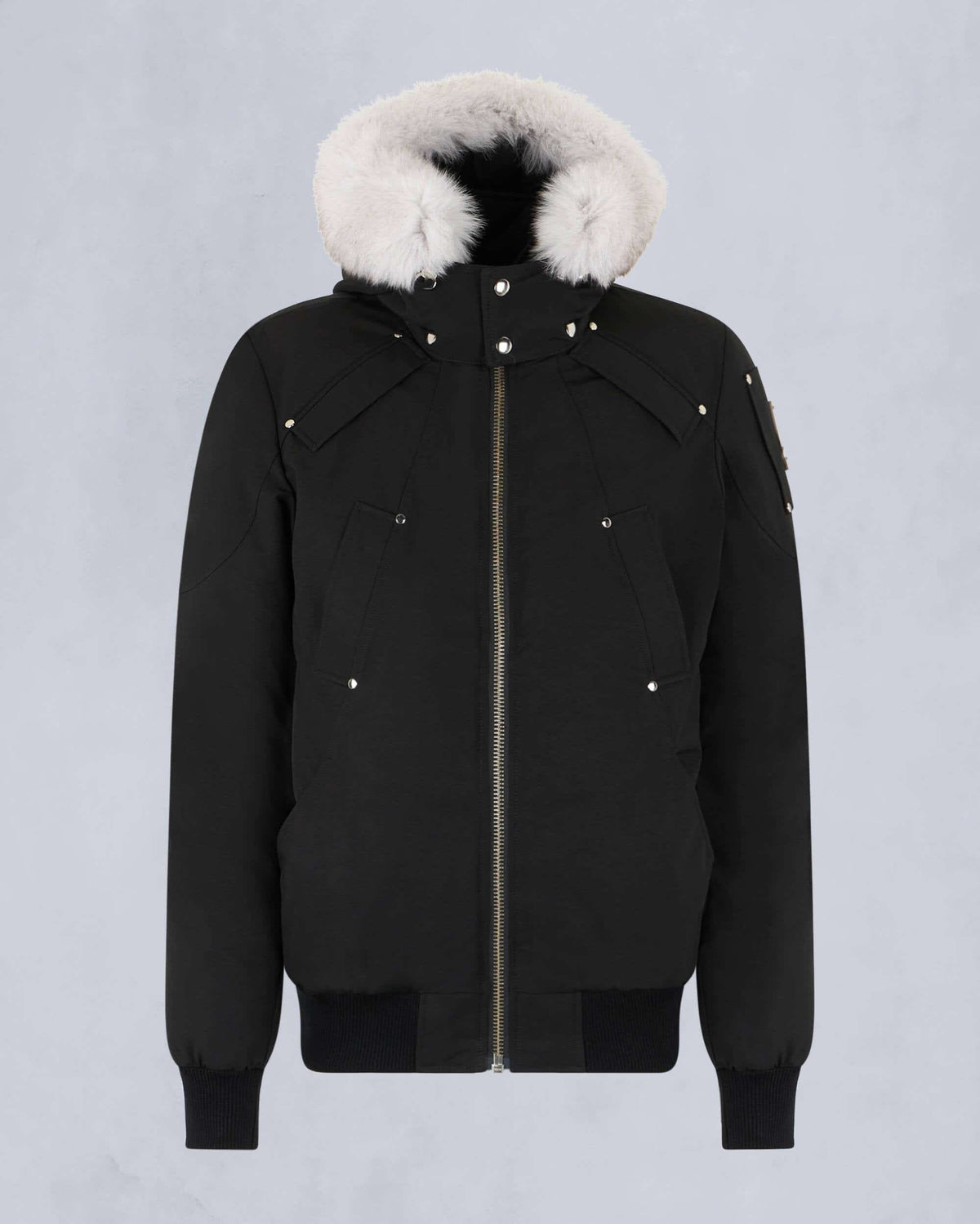 Moose Knuckles Black Stirling White Fur-Trim Hooded Bomber Down Jacket
