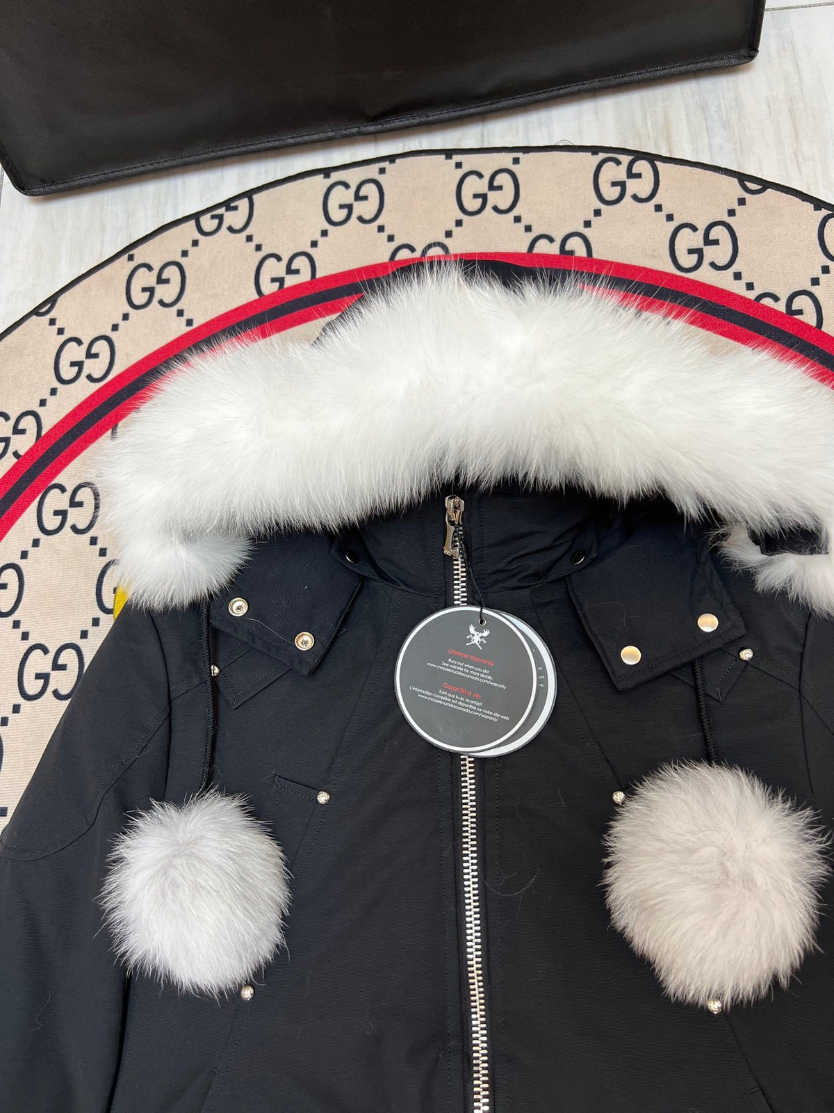 Moose Knuckles Black Pom-Pom Fur Bomber Jacket