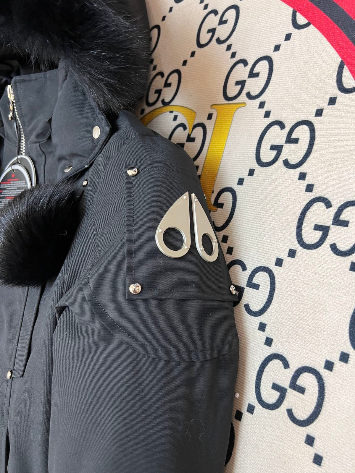 Moose Knuckles Black Pom-Pom Fur Bomber Jacket
