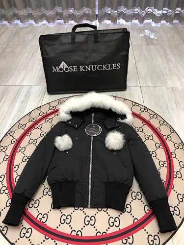Moose Knuckles Black Pom-Pom Fur Bomber Jacket