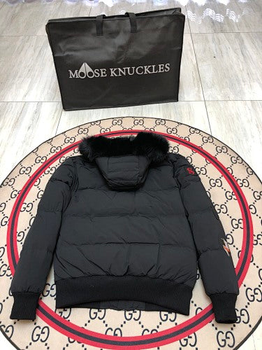 Moose Knuckles Black Military Patch Fur-Trim Hooded Down Bomber Jacket