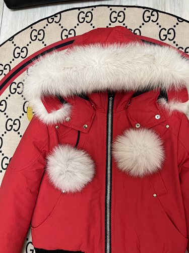 Moose Knuckles Red Pom-Pom Fur Bomber Jacket
