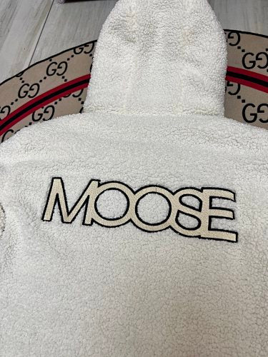 Moose Knuckles White Sherpa Hooded Down Jacket