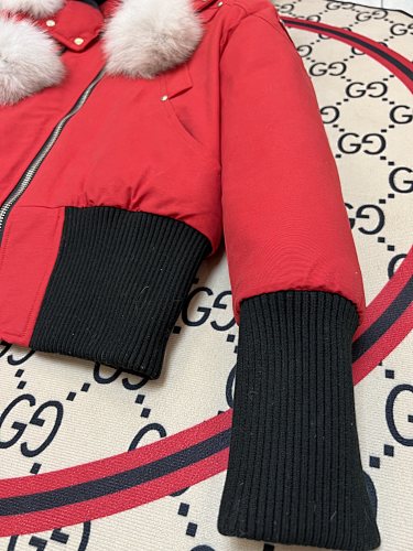 Moose Knuckles Red Pom-Pom Fur Bomber Jacket