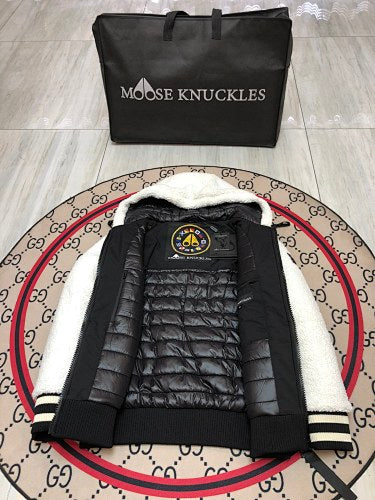 Moose Knuckles White Sherpa Hooded Down Jacket