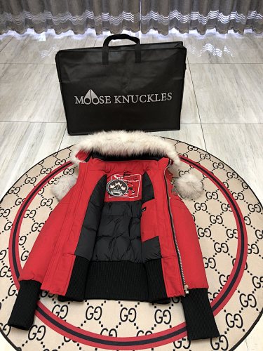 Moose Knuckles Red Pom-Pom Fur Bomber Jacket