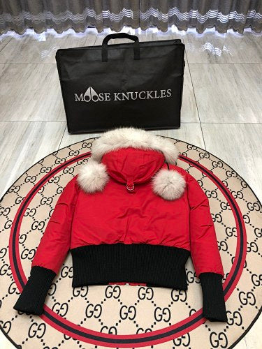 Moose Knuckles Red Pom-Pom Fur Bomber Jacket