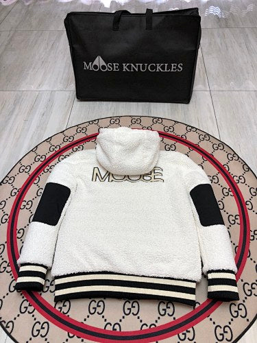 Moose Knuckles White Sherpa Hooded Down Jacket
