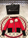 Moose Knuckles Red Pom-Pom Fur Bomber Jacket