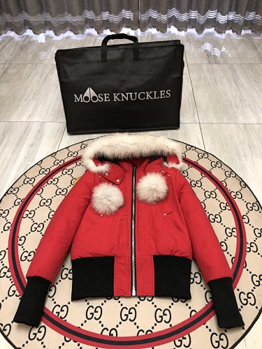 Moose Knuckles Red Pom-Pom Fur Bomber Jacket