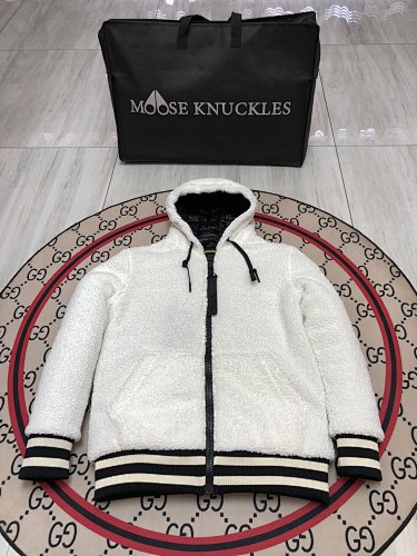 Moose Knuckles White Sherpa Hooded Down Jacket