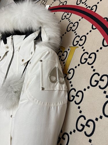 Moose Knuckles White Pom-Pom Fur Bomber Jacket