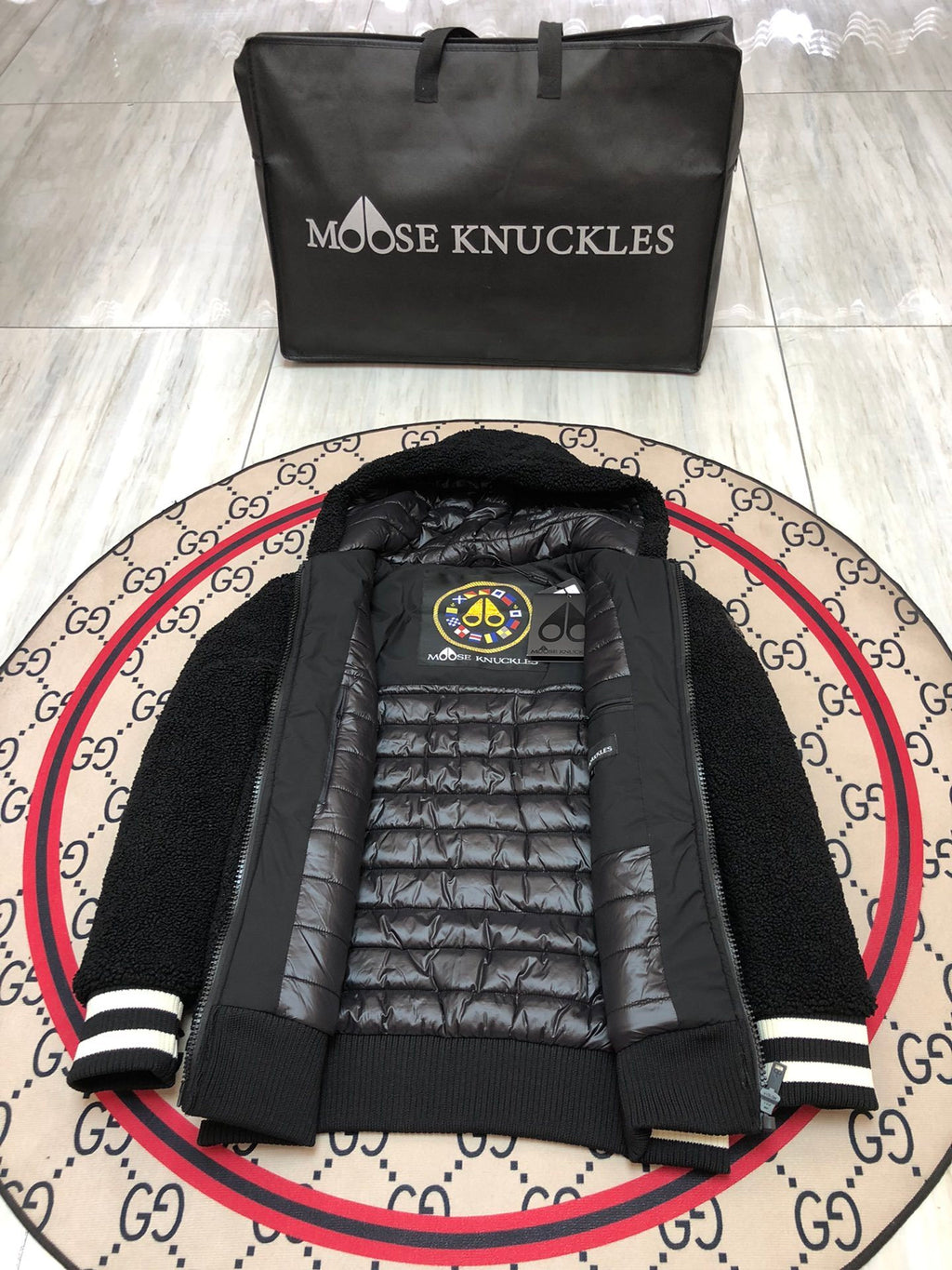 Moose Knuckles Black Sherpa Hooded Down Jacket