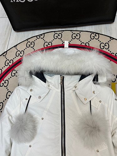 Moose Knuckles White Pom-Pom Fur Bomber Jacket
