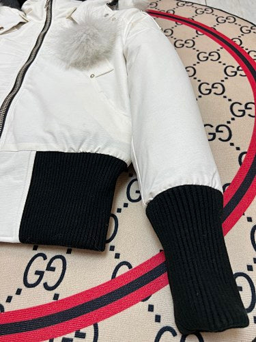 Moose Knuckles White Pom-Pom Fur Bomber Jacket