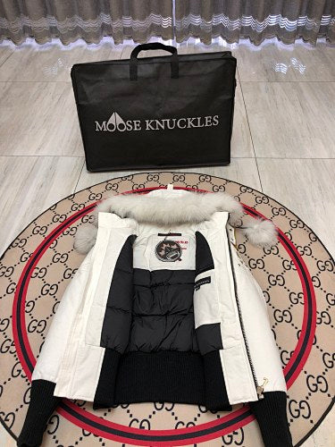 Moose Knuckles White Pom-Pom Fur Bomber Jacket