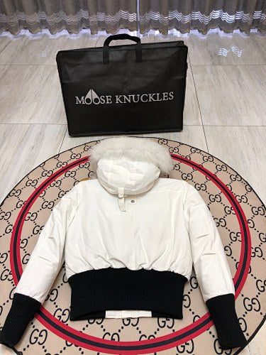 Moose Knuckles White Pom-Pom Fur Bomber Jacket