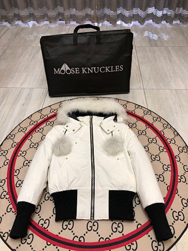 Moose Knuckles White Pom-Pom Fur Bomber Jacket