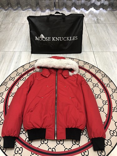 Moose Knuckles Red Ballistic Bomber Jacket