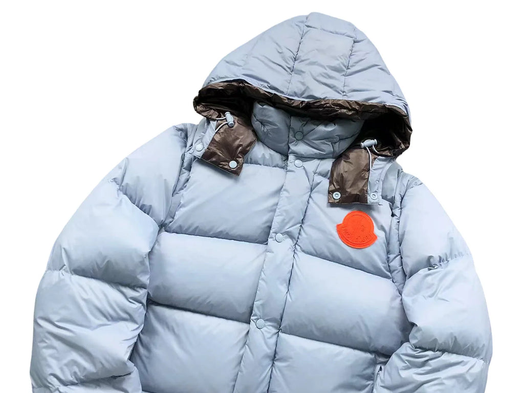 Moncler Light Blue Hooded Puffer Jacket with Orange Logo