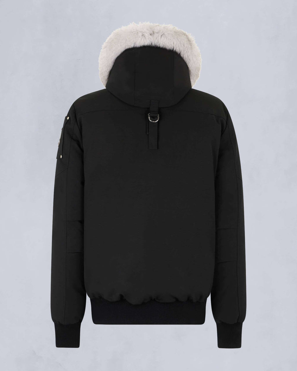 Moose Knuckles Black Stirling White Fur-Trim Hooded Bomber Down Jacket