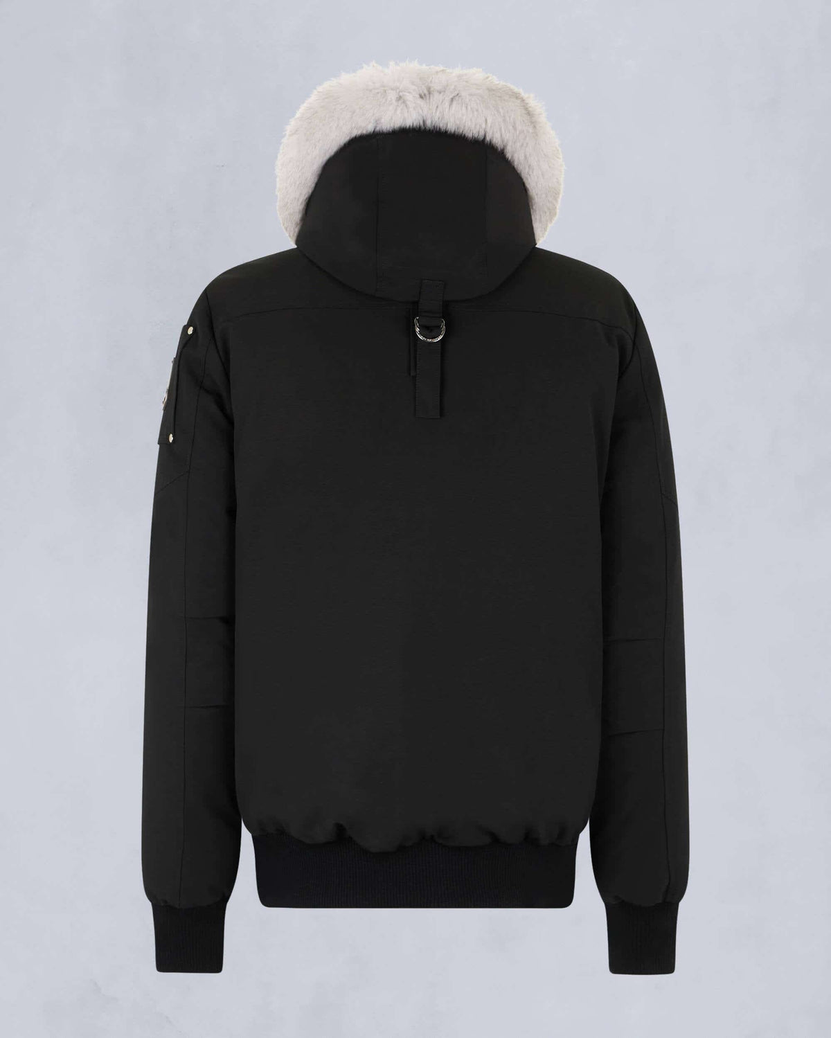 Moose Knuckles Black Stirling White Fur-Trim Hooded Bomber Down Jacket