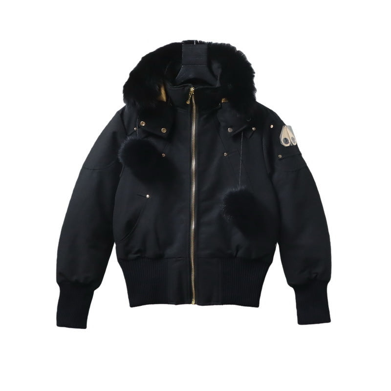 Moose Knuckles Black Stirling Fur-Trim Hooded Bomber Down Jacket