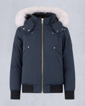 Moose Knuckles Steel Blue Stirling White Fur-Hood Bomber Down Jacket