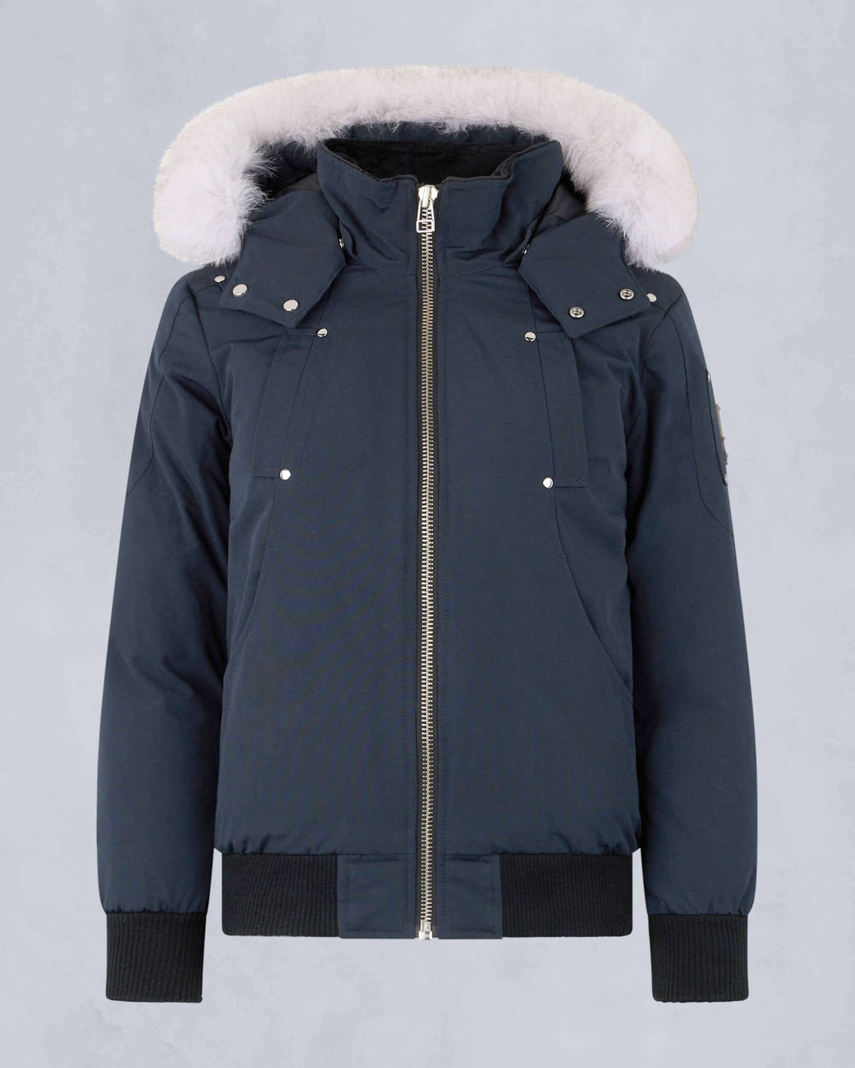 Moose Knuckles Steel Blue Stirling White Fur-Hood Bomber Down Jacket