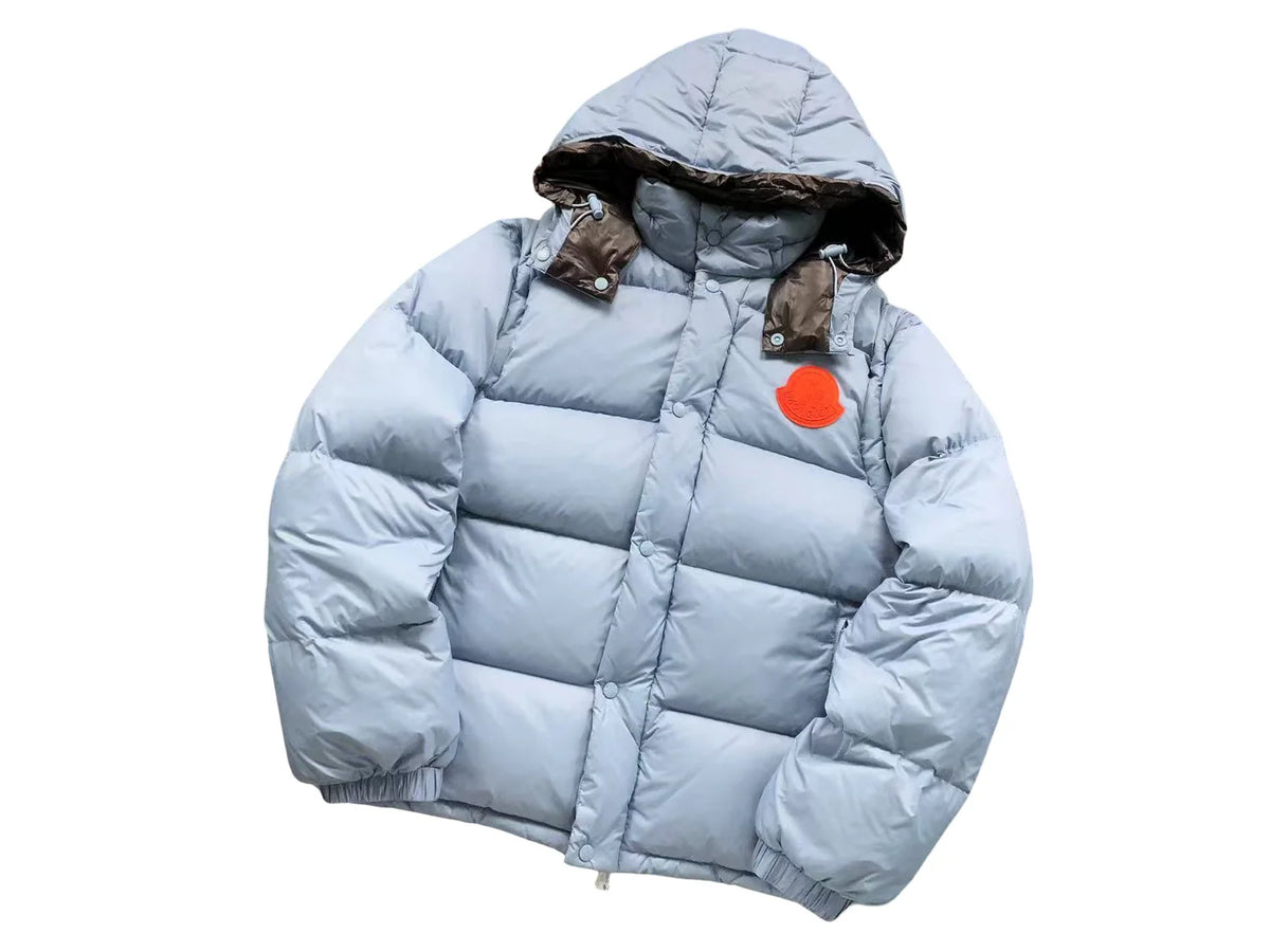 Moncler Light Blue Hooded Puffer Jacket with Orange Logo