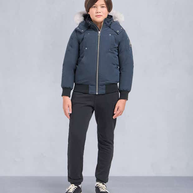 Moose Knuckles Steel Blue Stirling White Fur-Hood Bomber Down Jacket