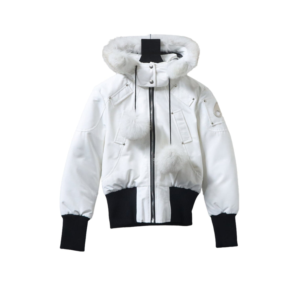 Moose Knuckles White Stirling Fur-Hood Bomber Down Jacket