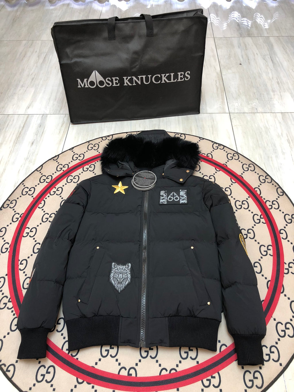 Moose Knuckles Black Military Patch Fur-Trim Hooded Down Bomber Jacket