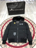 Moose Knuckles Black Military Patch Fur-Trim Hooded Down Bomber Jacket