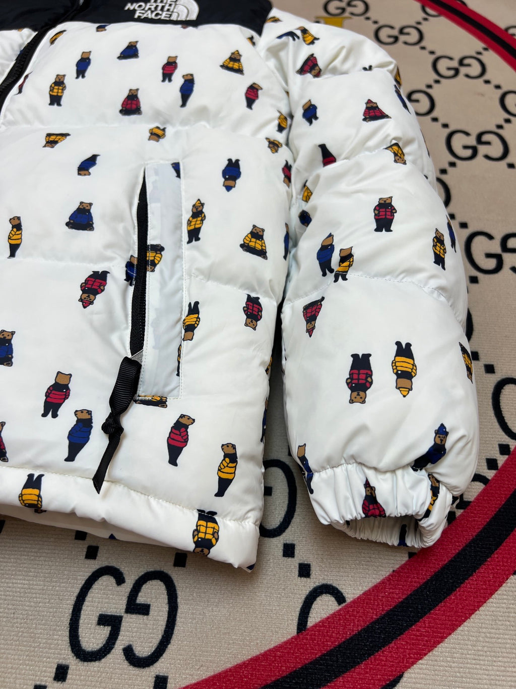 The North Face White Bear Print & Black Nuptse 700-Fill Hooded Down Jacket