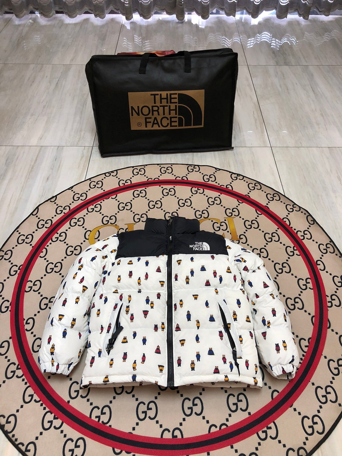 The North Face White Bear Print & Black Nuptse 700-Fill Hooded Down Jacket