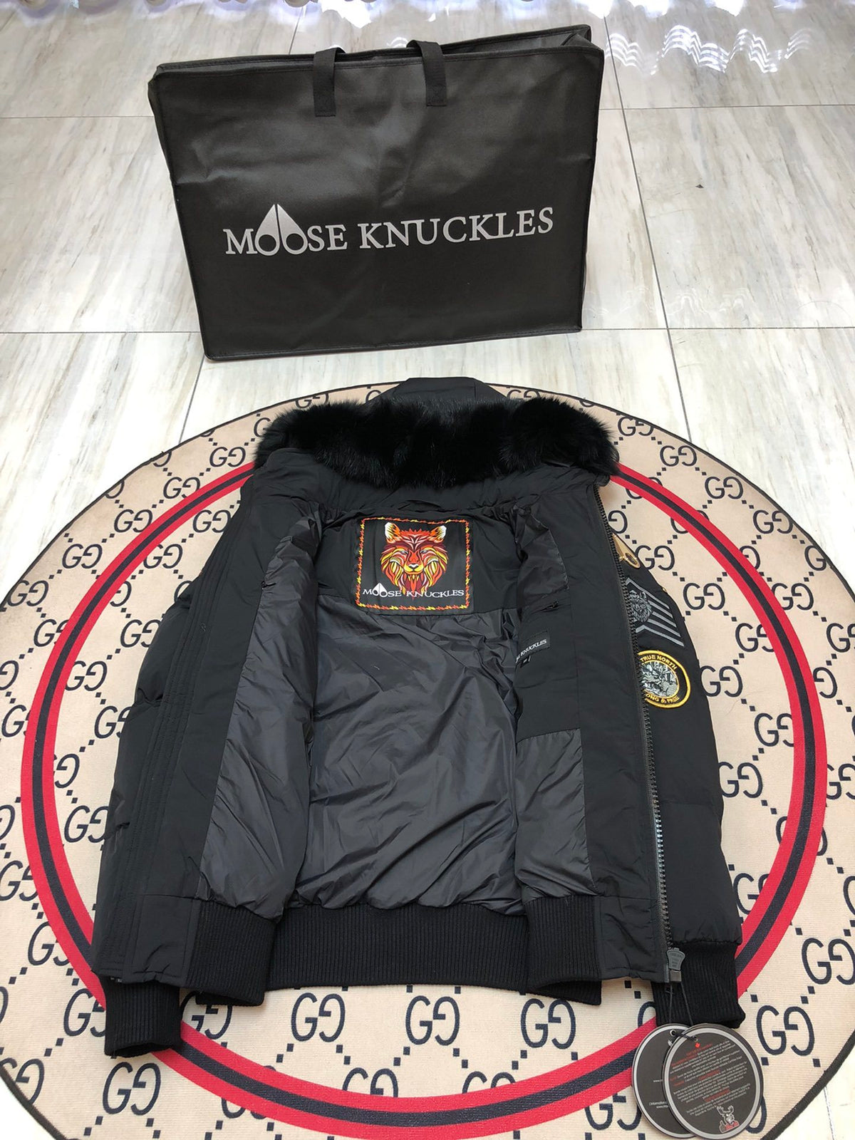 Moose Knuckles Black Military Patch Fur-Trim Hooded Down Bomber Jacket