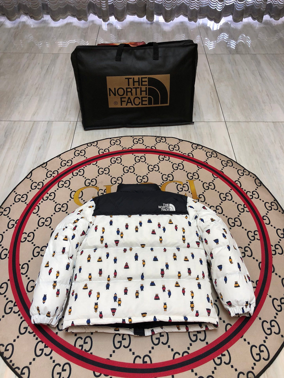 The North Face White Bear Print & Black Nuptse 700-Fill Hooded Down Jacket